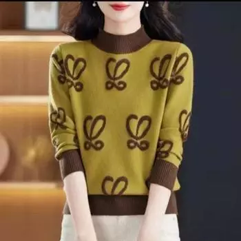 Осень/Зима Женский свитер с принтом Полуводолазка Пуловер Свитер Свободный Повседневный Трикотаж Эластичный Трикотажный Джемпер S бежевый