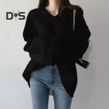 Осень-зима женский свитер с V-образным вырезом вязаный свободный теплый пуловер толстый сплошной цвет с длинными рукавами уютный женский морозостойкий свитер средней длины белый