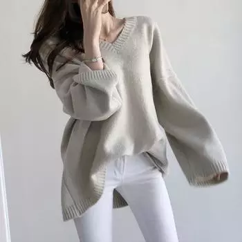 Осень-зима женский свитер с V-образным вырезом вязаный свободный теплый пуловер толстый сплошной цвет с длинными рукавами уютный женский морозостойкий свитер средней длины белый