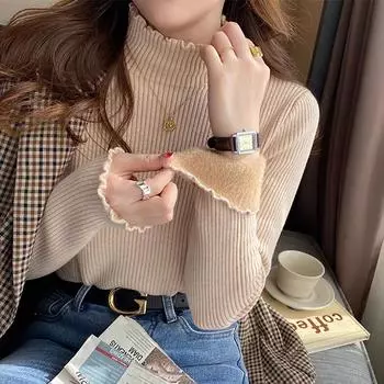 Осень-зима Женский свитер с воротником-стойкой и оборками, утолщенный флис, теплый термопуловер для женщин, кашемировый свитер One Size чёрный