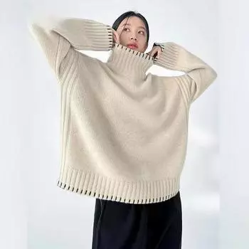 Осень-зима женский свитер шерстяной лоскутный свитер с воротником модный повседневный вязаный пуловер с длинным рукавом топ женский теплый уличный трикотаж S абрикосовый