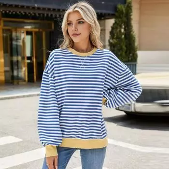 Осень-зима женский свитшот с круглым вырезом в полоску с принтом контрастного цвета с длинными рукавами свободный пуловер с эластичными манжетами повседневный L синий/белый