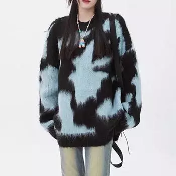 Осень-зима женский свободный пуловер свитер новый модный длинный рукав О-образный вырез элегантный вязаный длинный топ винтажный принт повседневные свитера одежда 1447 One Size серый