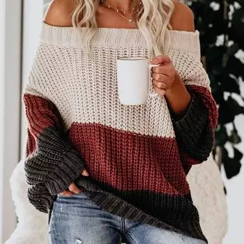 Осень-зима женский свободный свитер с плоским воротом в стиле пэчворк цветной вязаный свитер женский S шампанского