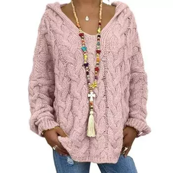 Осень-зима женский свободный вязаный свитер с капюшоном и длинным рукавом с закрученным узлом средней длины трикотаж толстовка пуловер пальто M розовый