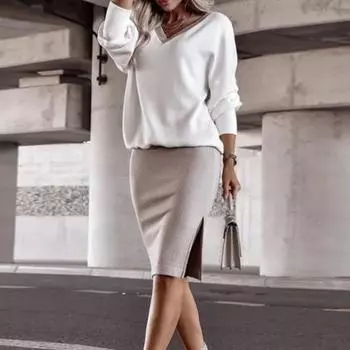 Осень-зима женский топ-юбка комплект с v-образным вырезом и длинными рукавами свободная эластичная блузка трикотажная оболочка с высокой талией облегающая юбка длиной до колена свитер-топ L белый