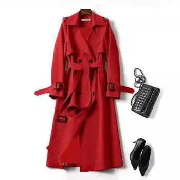 Осень-зима Женский Тренчкот Отложной Воротник Однотонный Двубортный с Поясом Средней Длины Свободный Термобелье С Длинными Рукавами Для Езды На Работу И Свидания L синий