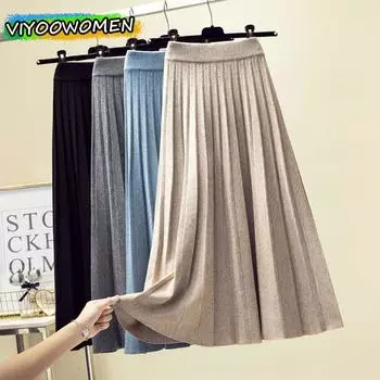 Осень-зима женский трикотаж свитер А-силуэт платье плиссированные юбки для женщин элегантный OneSize чёрный