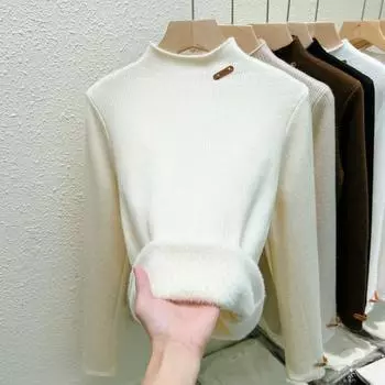 Осень-зима женский утолщенный полуводолазный свитер с внутренней подкладкой плюшевый теплый вязаный пуловер верх свитера свободная повседневная базовая одежда 1901 S чёрный
