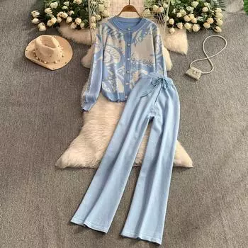 Осень Зима Женский Винтажный Вязаный Свитер с Принтом Брюки Комплект из Двух Предметов Кардиган с Длинным Рукавом Топы и Брюки с Широкими Штанинами на Кулиске Костюм One size