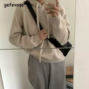 Осень-зима Женский винтажный простой повседневный универсальный вязаный свитер с капюшоном Корейская мода Однотонный длинный рукав Свободный пуловер Топы S серый