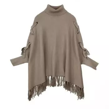 Осень-зима, женский водолазка с кисточками, большой вязаный свитер, накидка, модные бинты, свободный вязаный пуловер, топы One Size дубильная кора