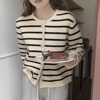 Осень-зима женский вязаный кардиган на пуговицах повседневный свободный винтажный абрикосовый цвет в полоску с круглым вырезом свитер корейский с длинным рукавом Короткие пальто Топы Свитера one size абрикосовый