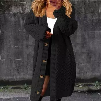 Осень-зима женский вязаный кардиган пальто повседневный свободный карман женский длинный рукав кардиган женские топы вязаный свитер джемпер XXL чёрный