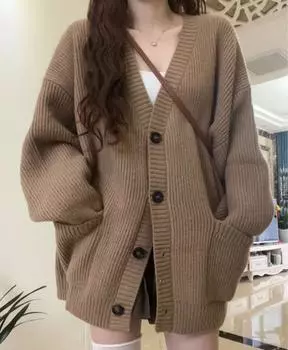 Осень-зима женский вязаный кардиган свитер пальто женский длинный рукав V-образный вырез свободный повседневный свитер кардиганы One Size бежевый
