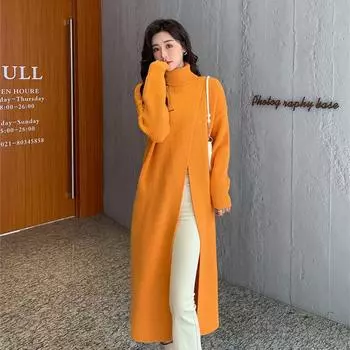 Осень-зима женский вязаный пуловер длинные платья с высоким воротом свободный свитер с разрезом платье повседневная темпераментная женская одежда One Size оранжевый