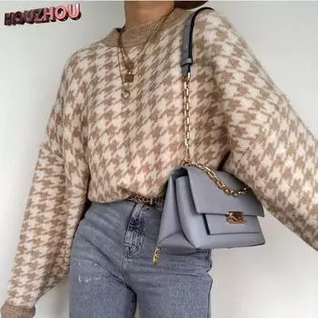 Осень-зима, женский вязаный пуловер с геометрическим узором «гусиные лапки», повседневный свитер с длинными рукавами, винтажный пригородный топ S хаки