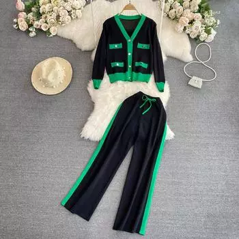 Осень-зима женский вязаный свитер и брюки комплект повседневное однобортное вязаное пальто с v-образным вырезом куртка брюки на шнурке спортивные спортивные костюмы из 2 предметов One Size бежевый