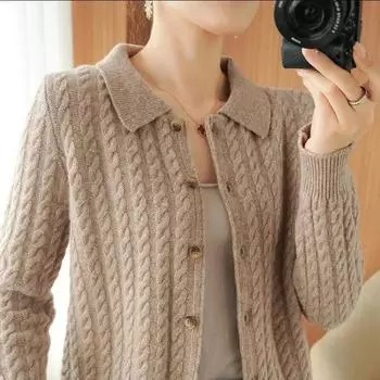 Осень-зима женский вязаный свитер кардиган весна свободный свитер лацкан куртка XXL чёрный