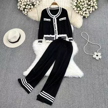 Осень-зима женский вязаный свитер, комплект из 2 предметов, повседневный трикотаж, топ с круглым вырезом и длинными рукавами + брюки с эластичной резинкой на талии, спортивный костюм One Size белый