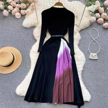 Осень-зима Женский вязаный свитер Лоскутный пуловер Плиссированные платья с поясом S чёрный