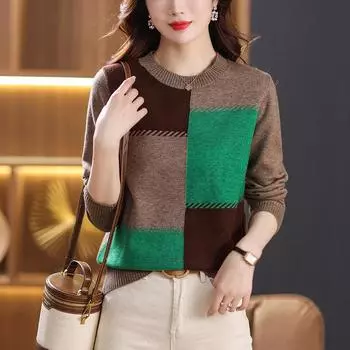 Осень-зима женский вязаный свитер с цветными блоками, короткий круглый вырез, пуловер, вязаный свитер, повседневный джемпер, трикотаж S оранжевый