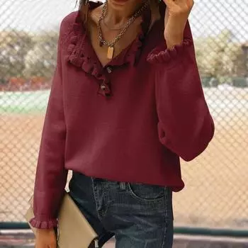 Осень-зима женский вязаный свитер с длинным рукавом на пуговицах с рюшами и отделкой вязаные топы однотонный повседневный трикотаж L хаки