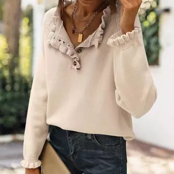 Осень-зима женский вязаный свитер с длинным рукавом на пуговицах с рюшами и отделкой вязаные топы однотонный повседневный трикотаж M абрикосовый