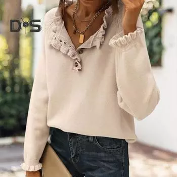 Осень-зима женский вязаный свитер с длинным рукавом на пуговицах с рюшами и отделкой вязаные топы однотонный повседневный трикотаж M абрикосовый