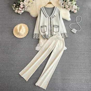 Осень-зима женский вязаный женский свитер спортивный костюм однобортный кардиган с рисунком пальто + широкие брюки женский комплект из 2 предметов One Size чёрный