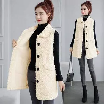 Осень-зима женский жилет пальто без рукавов сплошной цвет однобортный карманы флисовый кардиган средней длины толстый теплый мягкий свободный женский жилет XL хаки