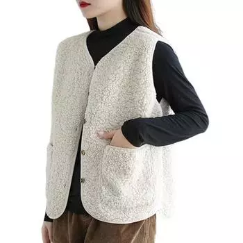 Осень-зима Женский жилет Пальто флисовый однобортный с V-образным вырезом и двумя карманами Кардиган без рукавов Однотонный повседневный офисный жилет M абрикосовый