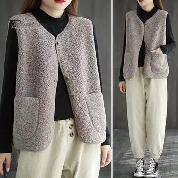 Осень-зима Женский жилет Пальто флисовый однобортный с V-образным вырезом и двумя карманами Кардиган без рукавов Однотонный повседневный офисный жилет M хаки