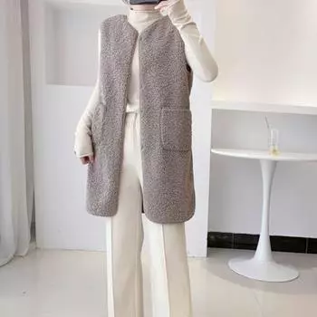 Осень-зима Женский жилет Пальто Круглый вырез Свободный средней длины Без рукавов Однобортный Карманы Кардиган Теплый толстый Верхняя одежда Жилет M бежевый