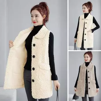 Осень-зима Женский жилет Пальто с лацканами Без рукавов Однотонный однобортный Карманы Флисовый кардиган Средней длины Толстый теплый Мягкий свободный женский жилет XL хаки