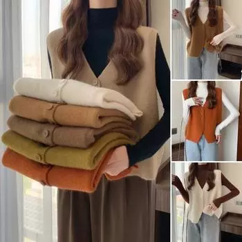 Осень-зима Женский жилет с V-образным вырезом на пуговицах Однотонный свободный трикотажный толстый сохраняющий тепло свободный свитер без рукавов