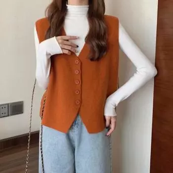 Осень-зима Женский жилет с V-образным вырезом на пуговицах Однотонный свободный трикотажный толстый сохраняющий тепло свободный свитер без рукавов