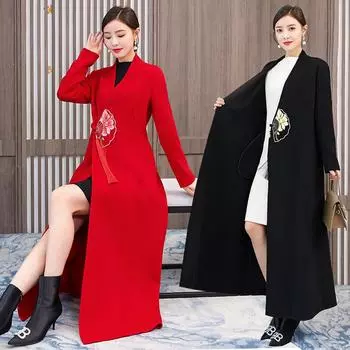Осень/зима, женское длинное шерстяное пальто в китайском стиле, уличная черная, красная кашемировая одежда с v-образным вырезом и кисточками M чёрный