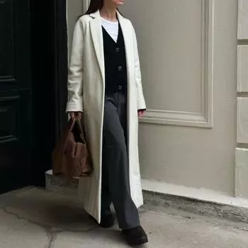 Осень-зима Женское Элегантное Длинное Свободное Пальто Женское Винтажное Однотонное Теплая Длинная Ветровка Пальто S чёрный