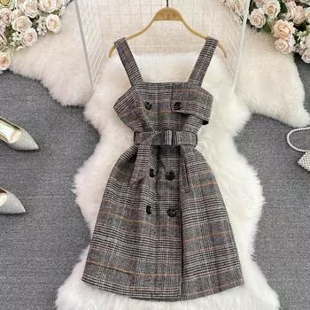 Осень-зима женское клетчатое платье на бретельках повседневное двубортное мини-короткое твидовое платье S серый