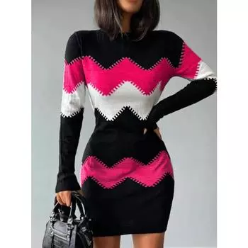 Осень-зима Женское модное принтовое облегающее платье Женское с длинным рукавом О-образным вырезом Элегантное облегающее платье Мини-платья Vestidos S розовый