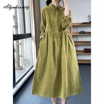 Осень-зима Женское однотонное базовое вельветовое платье миди с воротником-стойкой, зеленое, синее, мешковатое платье, винтажное платье большого размера со шнуровкой XL