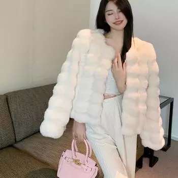 Осень-зима Женское пальто из искусственного меха кролика с длинным рукавом Роскошная теплая меховая куртка Верхняя одежда One Size чёрный