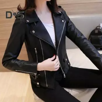 Осень-зима Женское пальто из искусственной кожи, облегающий крой, однотонный, отложной воротник, молния, заклепки, декор, гладкий кардиган с длинным рукавом, женская куртка L чёрный