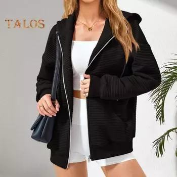 Осень-зима Женское пальто на молнии с капюшоном, однотонное, теплое, с длинными рукавами, карманами на шнурках, с полосками, эластичными манжетами и низом, спортивная куртка L бежевый