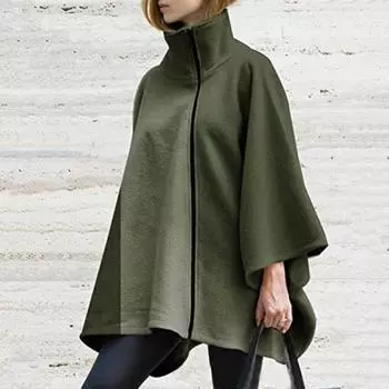 Осень-зима женское пальто-накидка с высоким воротником, защита шеи, длинный рукав «летучая мышь», сплошной цвет, ветрозащитный, толстый, теплый, свободный, на молнии, неровный подол M армия зеленый