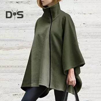 Осень-зима Женское пальто-накидка Высокий воротник Защита шеи Длинный рукав летучая мышь Однотонный ветрозащитный Толстый теплый Свободная застежка-молния Неровный подол Для женщин M армия зеленый