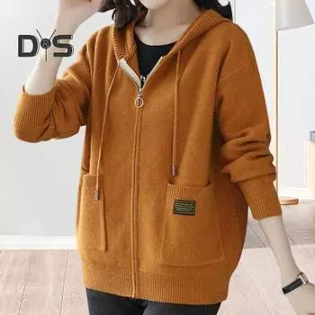 Осень-зима Женское пальто с капюшоном, завязками, длинными рукавами, карманами, плотный, сохраняющий тепло, однотонный кардиган на молнии, повседневная трикотажная куртка кофейный