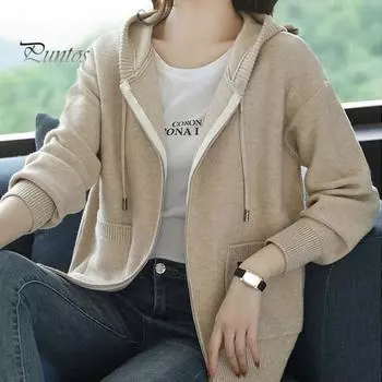 Осень-зима Женское пальто с капюшоном, завязками, длинными рукавами, карманами, плотный, сохраняющий тепло, однотонный кардиган на молнии, повседневная трикотажная куртка абрикосовый