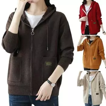 Осень-зима Женское пальто с капюшоном, завязками, трикотажное, с длинными рукавами, карманами, плотное, сохраняет тепло, чистый цвет абрикосовый